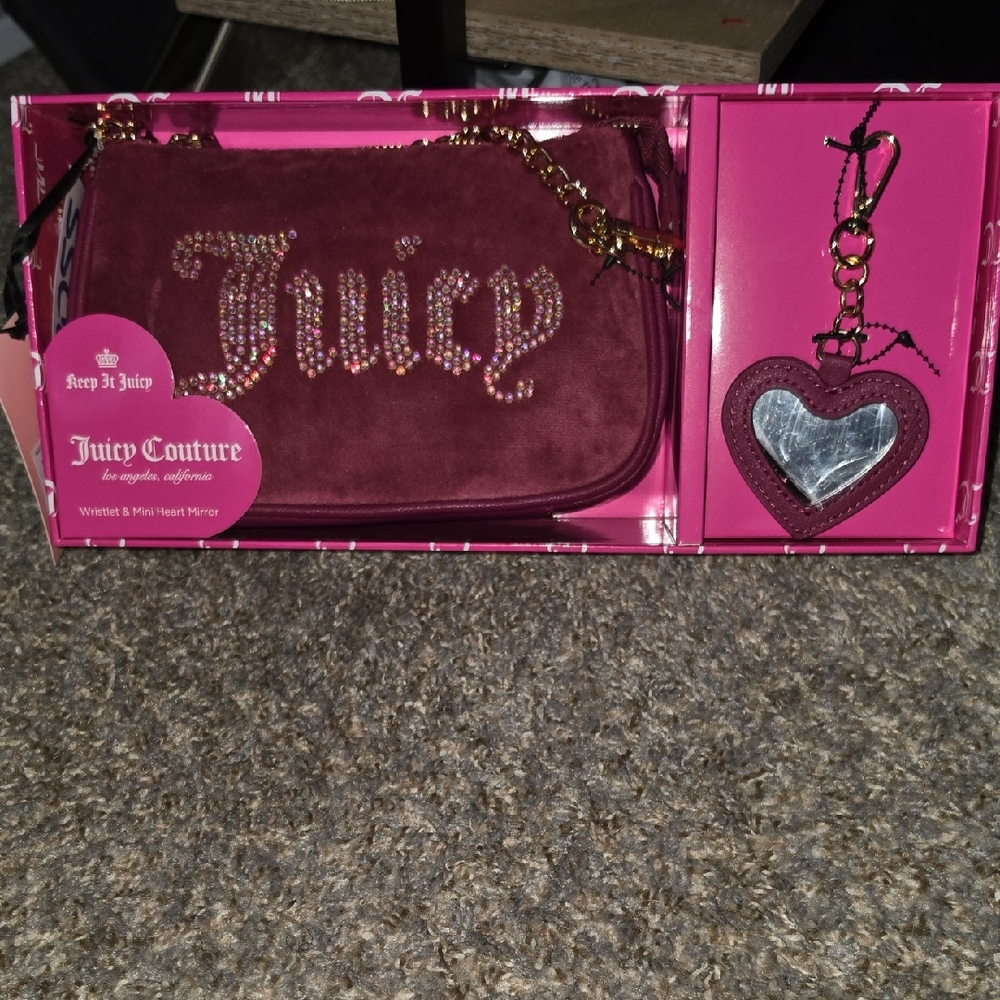 Juicy Couture Burgundy Suede Wristlet with Heart Mirror Keychain